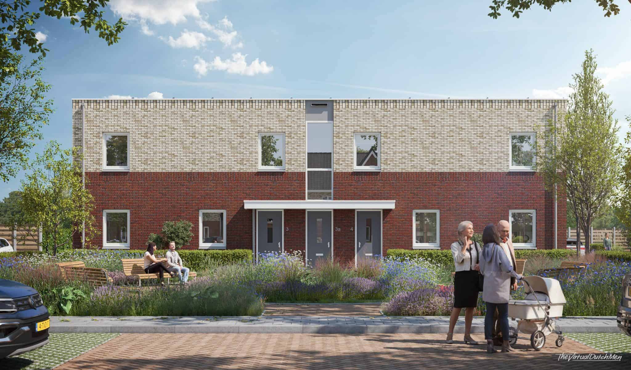 Vooraanzicht beneden en bovenwoningen Hof van Beemden